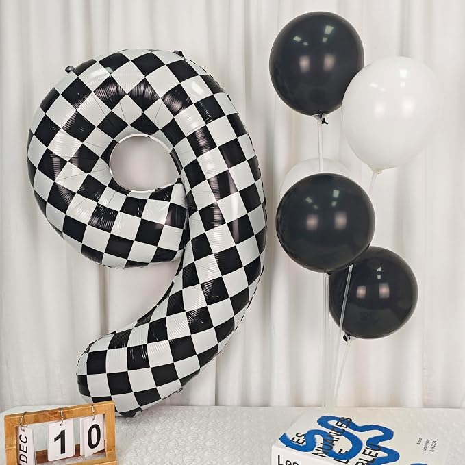 40In Black White Checkered Number 9 Balloon Race Car Digital Foil 9 Balloon | - Image 4