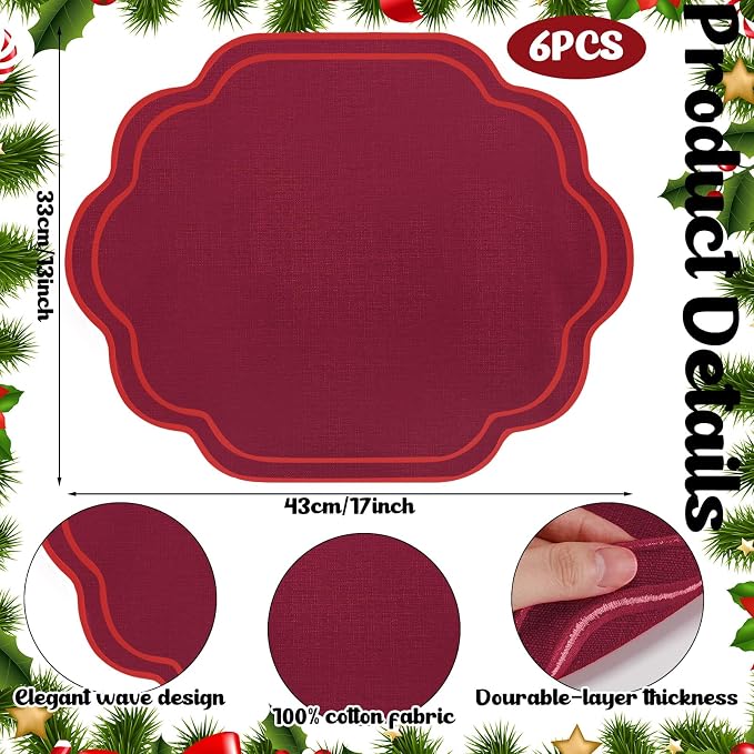6 Pcs Wine Red Wedding Placemats Scalloped Embroidered Cotton Linen Placemats - Image 7