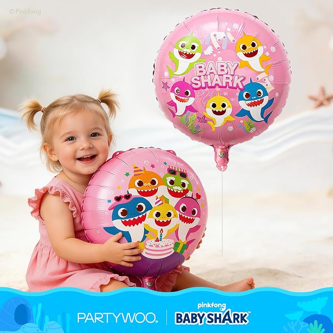 PartyWoo Baby Shark Pink Foil Round Star Mylar Number 3 Balloons 5pcs | Balloons - Image 5