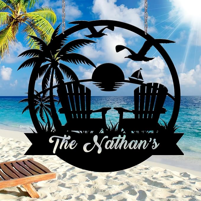 Personalized Beach Decor for Home, Custom Metal Sign Outdoor Nautical Decor, Palm Trees Coastal Wall Art, Family Last Name Sign, Christmas Housewarming Wedding Gifts
