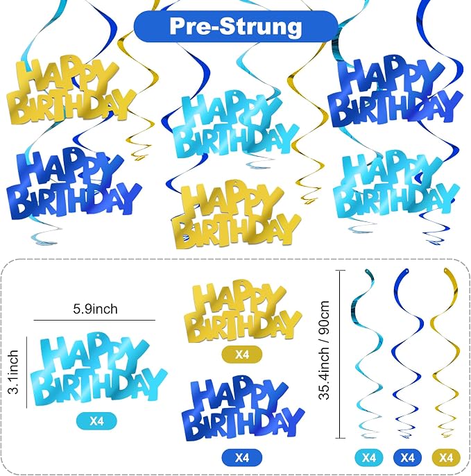 BEISHIDA 12 Pcs Happy Birthday Hanging Swirl Decorations, Kids Men Birthday - Image 2