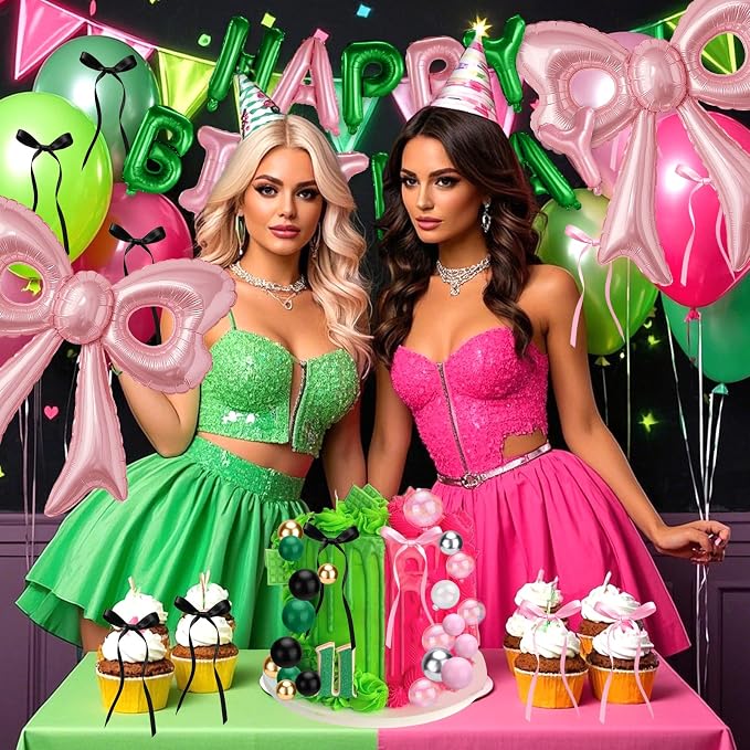 Pink and Green Happy Birthday Balloons, 31”Huge Pink Bow Aluminum Foil Balloons - Image 3