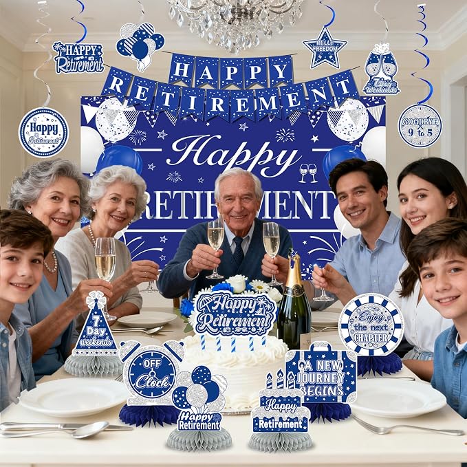 Retirement Party Decorations for Men Women Blue Silver Happy Retirement Banner - Image 7