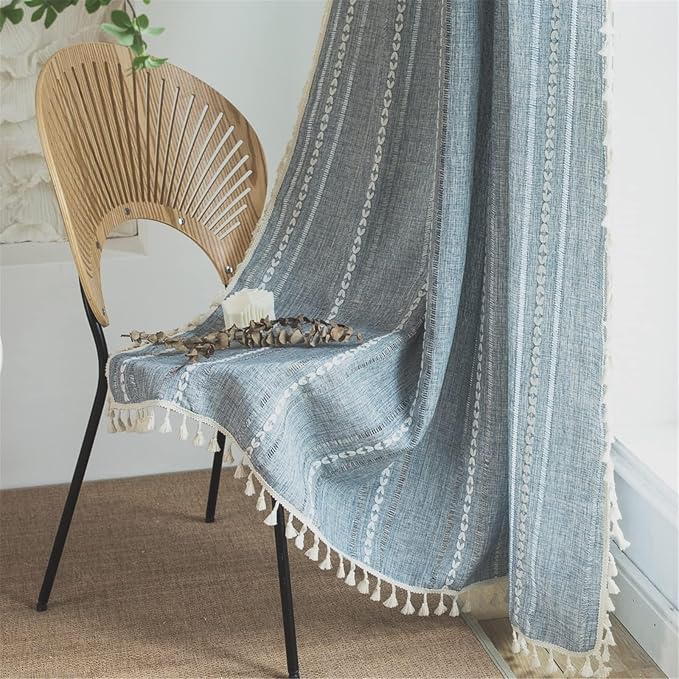 Sutuo Home Blue Boho Curtains Living Room, Semi-Blackout French Country Linen by SutuoHome