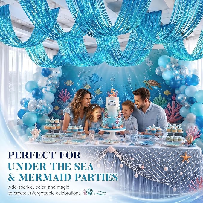 4 Pcs Light Blue 15ft Metallic Foil Ceiling Fringe Curtains, Party Decor Fringe - Image 5