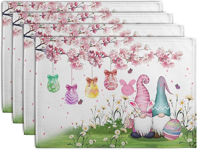 Easter Gnomes Bunny Placemats Set of 4 Easter Eggs Flowers Place Mat 12x18 Inch by Wnoesat
