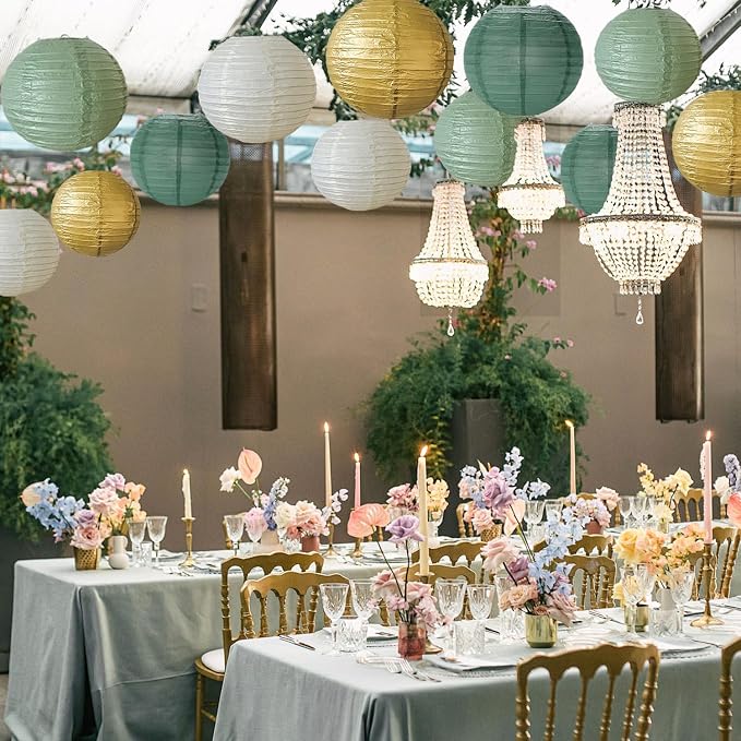 12Pcs Sage Green Gold Paper Lanterns Olive Chinese Hanging Round Paper Lanterns - Image 5