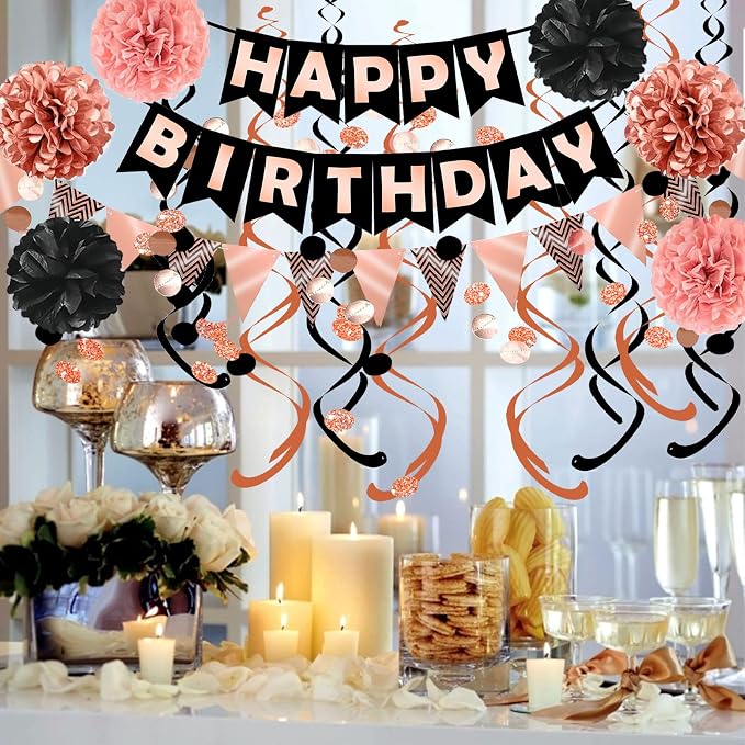 FECEDY Rose Gold Black Theme Happy Birthday Banner Flag Bunting Paper Circle - Image 4