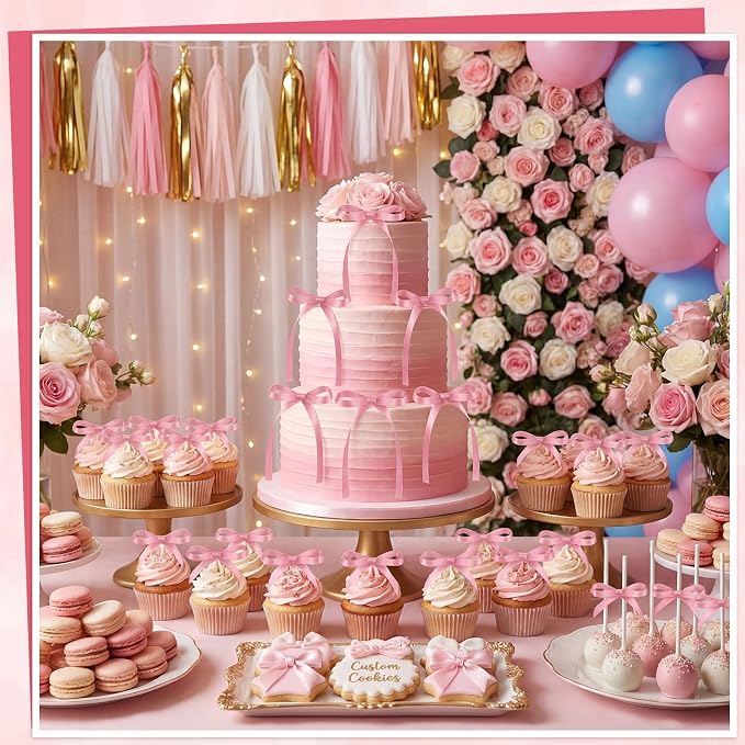 30 Pack Bow Cake Toppers Rose Pink Ribbon Bows - Image 4