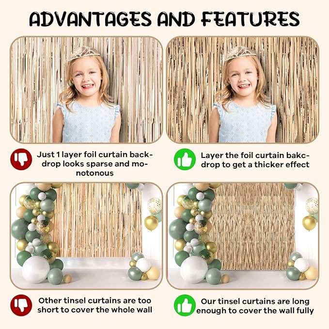 2 Pack Champagne Foil Fringe Backdrop Curtains, Tinsel Streamers Birthday Party Decorations, Fringe Backdrop for Graduation, Baby Shower, Gender Reveal, Disco Party