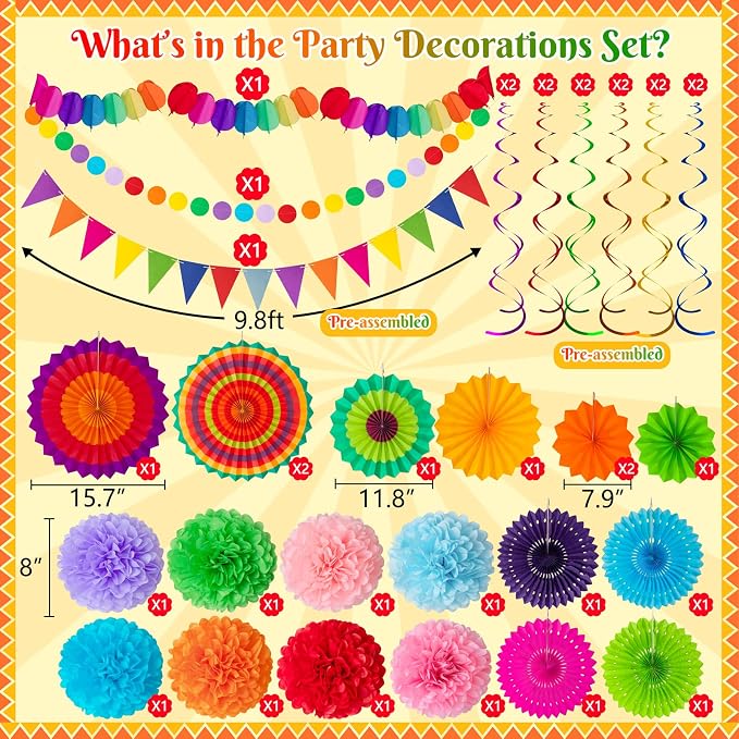 35PCS Fiesta Paper Fan Party Decorations Set | Cinco De Mayo Pom Poms, - Image 3
