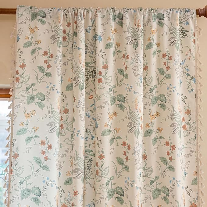 Bedroom Floral Rod Pocket Semi Sheer 96 Inch Curtains 2 Panel Set | Living Room - Image 2