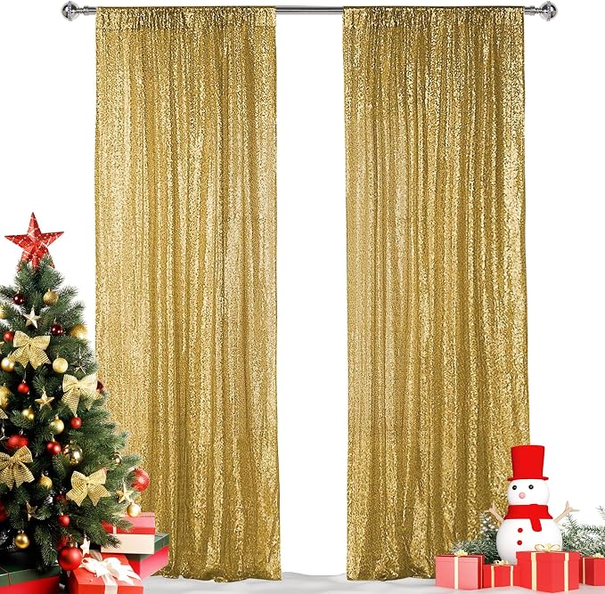 Hahuho Gold Sequin Backdrop Curtain, Party Decoration（2 Panels, 2FT x 8FT by Hahuho