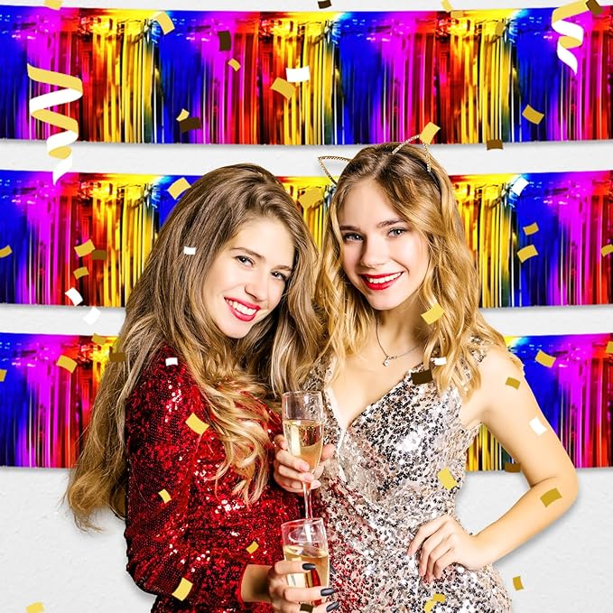 6 Pack 10 Feet Rainbow Foil Fringe Garland Metallic Tinsel Streamers Banner Wall Hanging Curtain Backdrop for Parade Floats, Birthday, Graduate, Mother's Day, Wedding Party Decoration