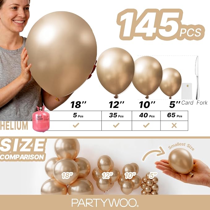 PartyWoo Metallic Gold Balloons 145pcs Chrome Gold Color 18 12 10 5 Inch | 18 - Image 6