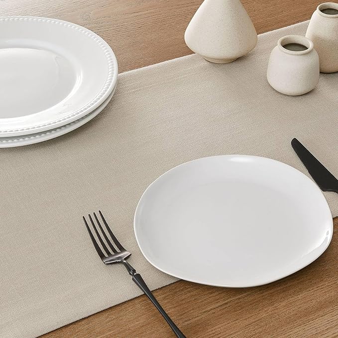 ZeeMart Linen Textured Border Table Runner, 14 x 108 Inch Natural, Farmhouse Style Neutral Table Runners 108 Inches Long, Easy Care Everyday Polyester Table Runner