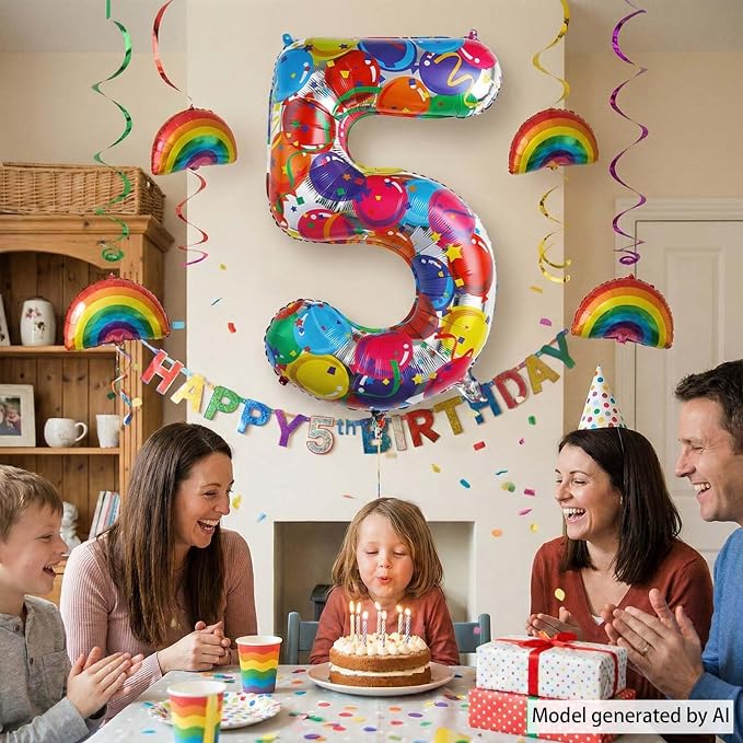 Rainbow Number 5 Balloon, 40 Inch Mylar Foil Balloons - Image 2