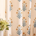 Designer Vintage Linen Printed Curtain, 2 Panels, Pale Yellow Floral Pattern by Isaennehomedecoration