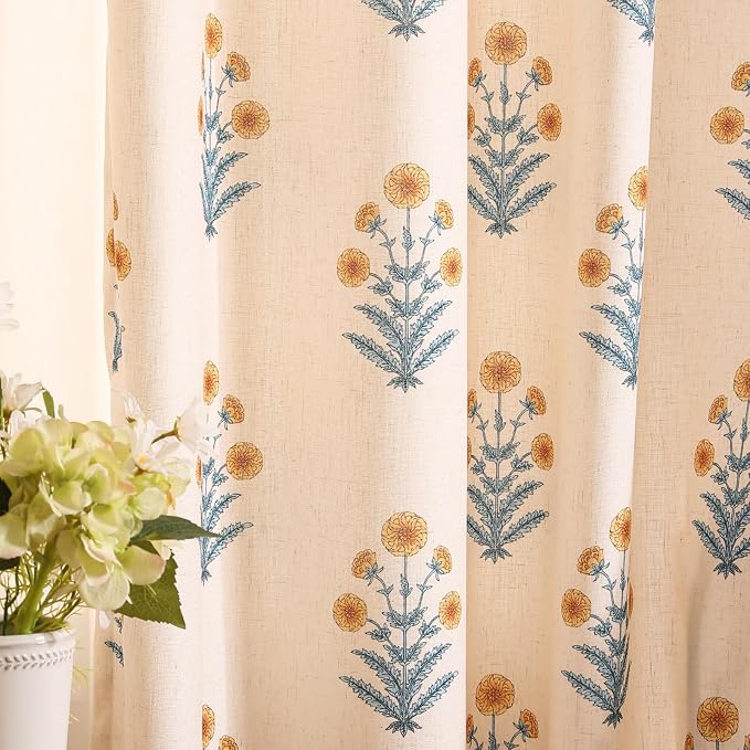 Designer Vintage Linen Printed Curtain, 2 Panels, Pale Yellow Floral Pattern by Isaennehomedecoration