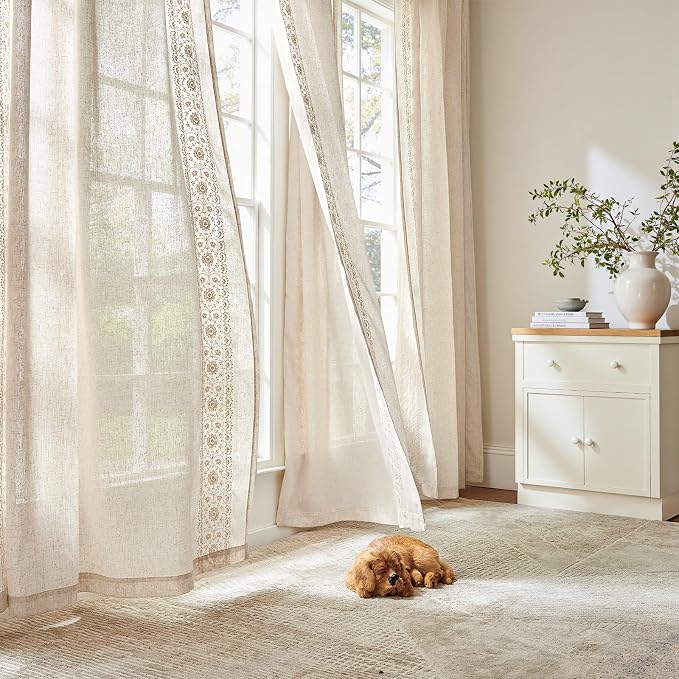 jinchan Floral Linen Curtains Embroidered Back Tab 50x84in 2 Panels Ivory | - Image 8