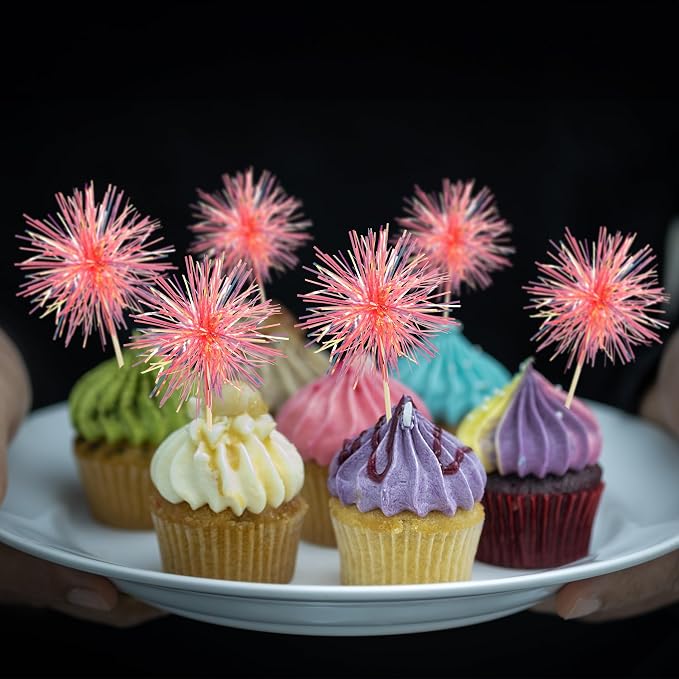 Gyufise 30Pcs Foil Firework Cupcake Toppers Sparkle Tinsel Cake Toppers Tinsel - Image 4