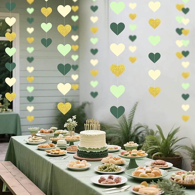 5PCS Sage Green Heart Garland, 72ft Sage Green Gold Heart Ceiling Decorations - Image 6