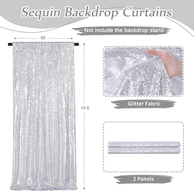 Silver Backdrop Curtains 2 Pieces 5FTx10FT Sequin Backdrop Decor - Image 3