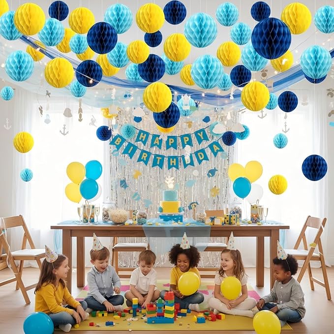 Blue and Yellow Paper Honeycomb Balls, 12 Pack Hanging Tissue Pom poms - Image 2