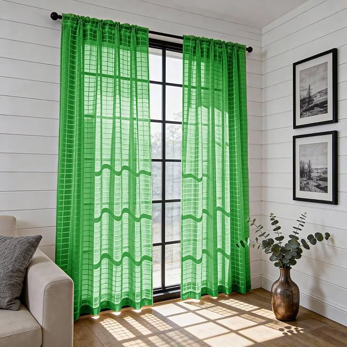SpaceDresser Check Sheer Curtains 54 Inches 2 Panels Set, Rod Pocket Plaid - Image 4