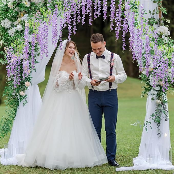 24 Pack Light Purple Wisteria Hanging Flowers, 3.4 Ft Fake Hanging Flowers, Artificial Wisteria Garland Vines for Wedding Room Backdrop Outdoor Patio Garden Decoration