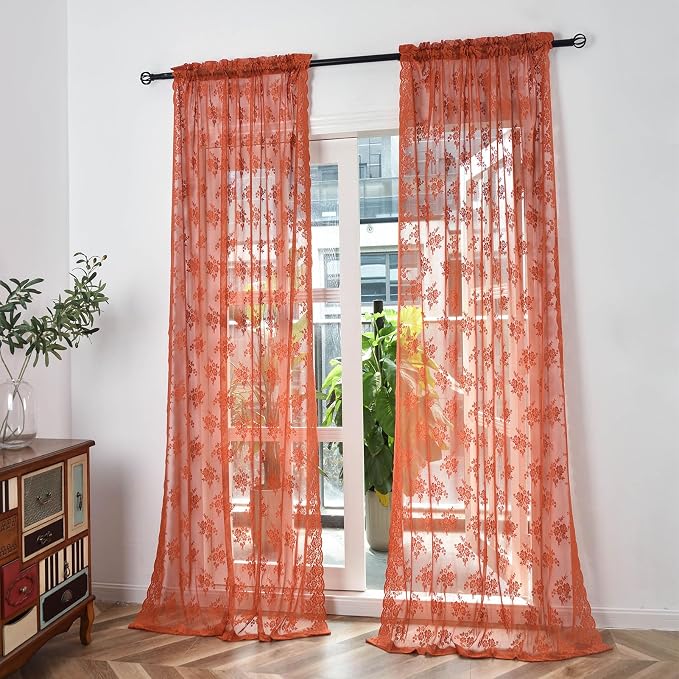 Kotile Burnt Orange Lace Floral Curtains - Image 8