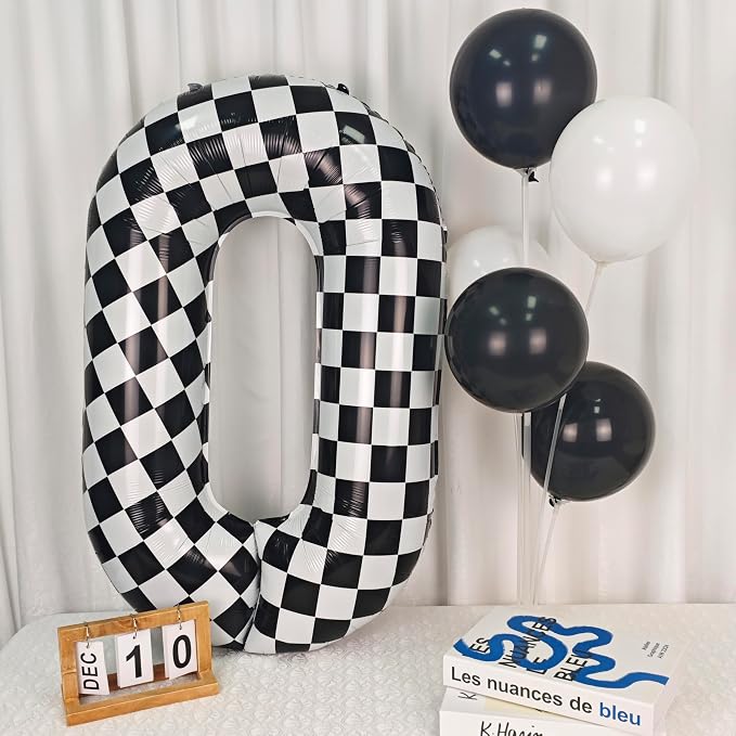 40In Black White Checkered Number 0 Balloon Race Car Digital Foil 0 Balloon | - Image 4