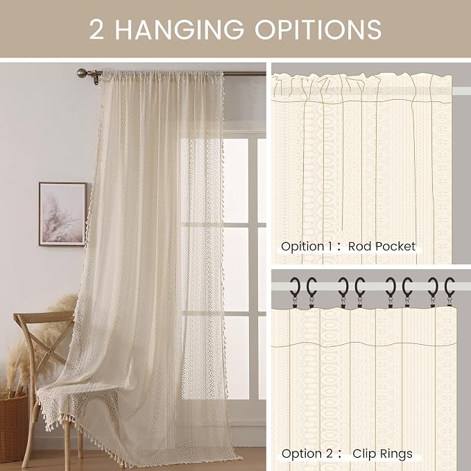 WAZZIO Boho Lace Curtains 108 Inch 2 Panel, Light Filtering Privacy Tassel & - Image 9