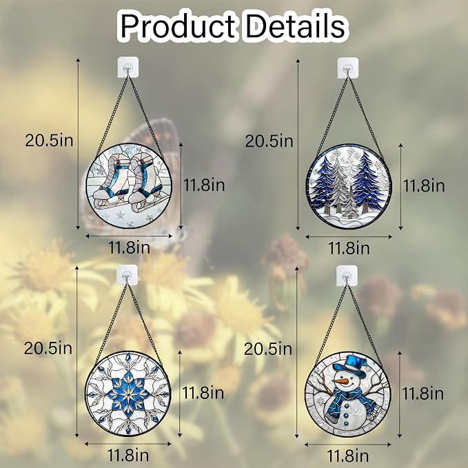 DASTOLL Stained Glass Window Hanging 4 Pcs Set White Winter Christmas Snow - Image 6
