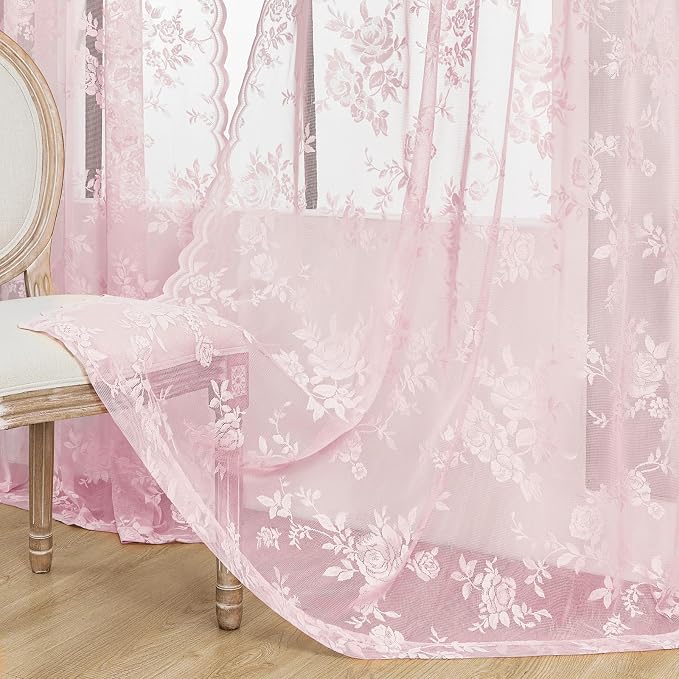 Soft Pink Lace Sheer Curtains 54 Inch Length 2 Panels Rod Pocket Big Rose - Image 5