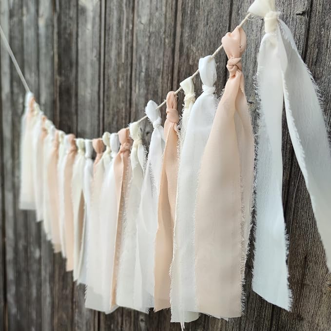 White + Beige Handcrafted Chiffon Tassel Garland - Image 5
