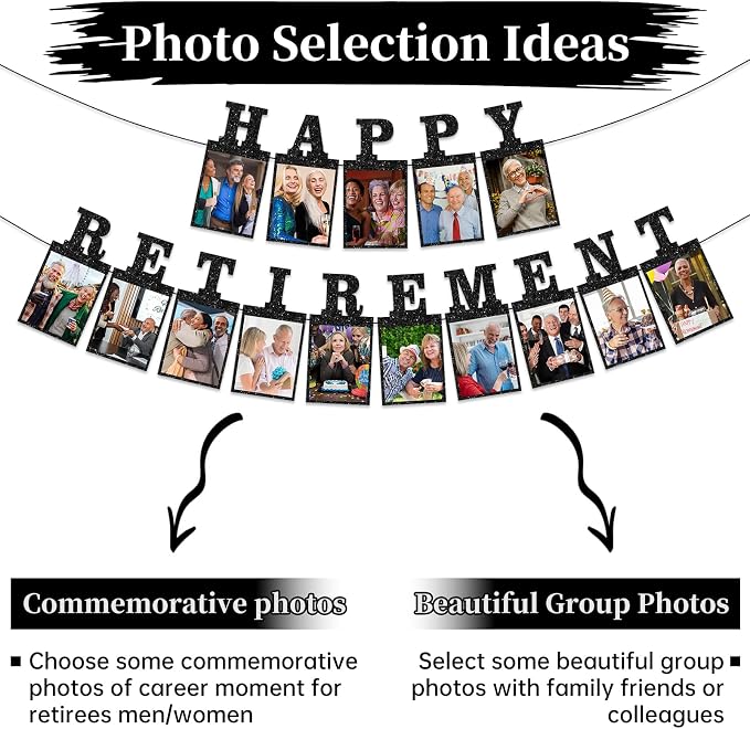 Black Pre-Strung Happy Retirement Photo Banner Party Decorations | Glitter - Image 4