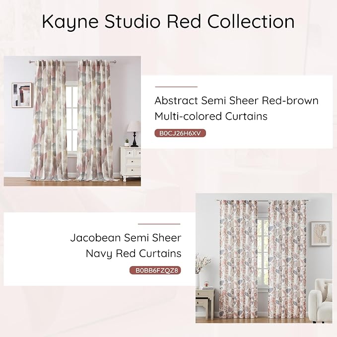 Kayne Studio Red Tan Boho Abstract Rod Pocket Semi Sheer Curtains 84 Inches | - Image 6