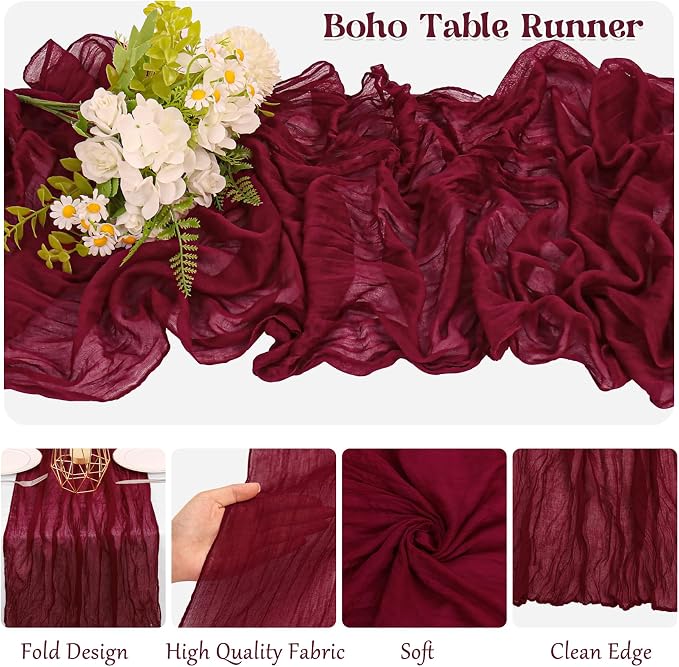 10 Pack Burgundy Cheesecloth Table Runner 10FT Boho Gauze Fabric Table Runner - Image 3