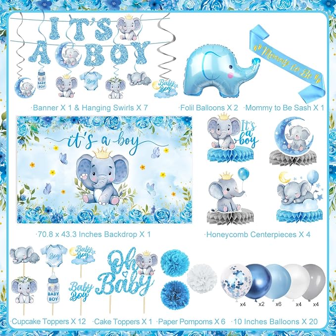 Elephant Baby Shower Decorations Banner, It's a Boy Backdrop, Foil & Latex - Image 2