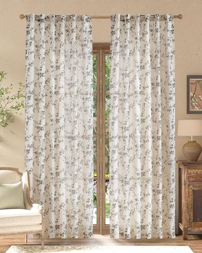 jinchan Black Floral Linen Curtains 84 Inch Farmhouse Back Tab 2 Panels | - Image 2