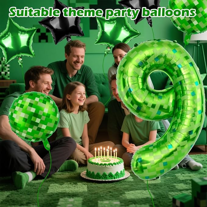 40 Inch Green Pixel Themed Number 9 Balloon Set Foil Balloon - Image 3
