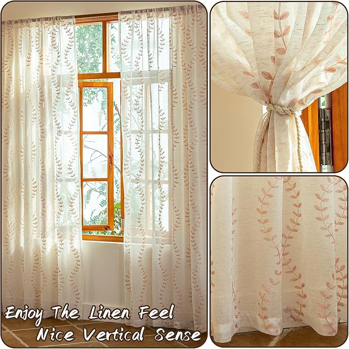 2 Panels Linen Leaf String Floral Embroidered Semi Sheer Curtain Farmhouse - Image 3