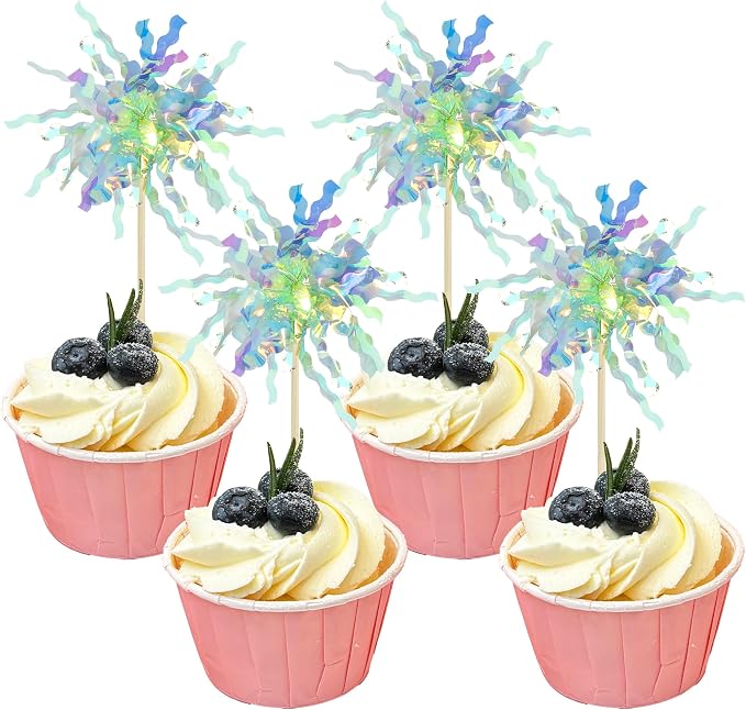Gyufise 30Pcs Foil Firework Cupcake Toppers Sparkle Tinsel Cake Toppers Tinsel by Gyufise
