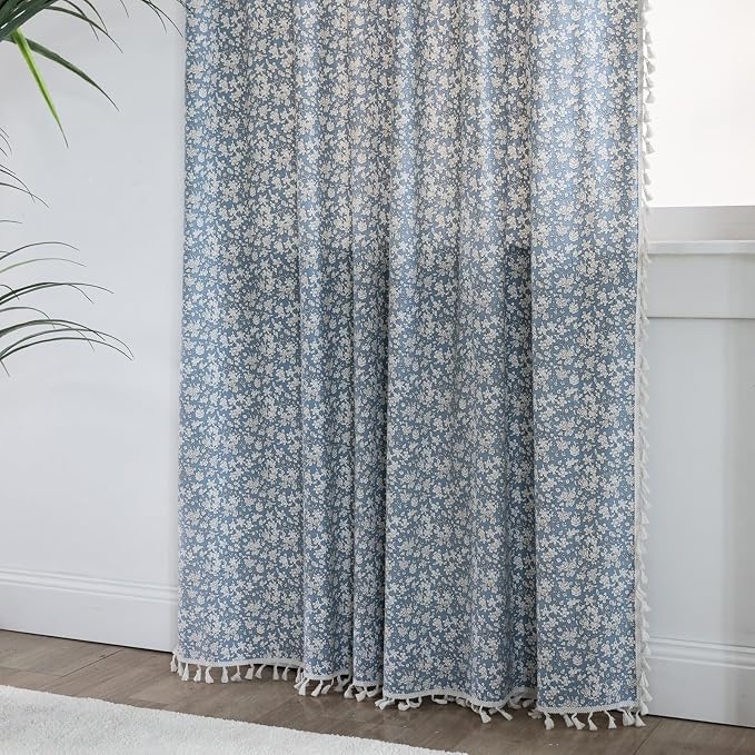 ENJOYBRIDAL White Floral Curtains 84 Inches Long 2 Panels Semi Sheer Blue Drapes - Image 6
