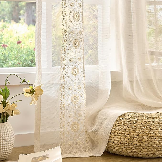 jinchan Floral Sheer Linen Curtains, Back Tab 50x96 Inch, 2 Panels Ivory | Semi - Image 7