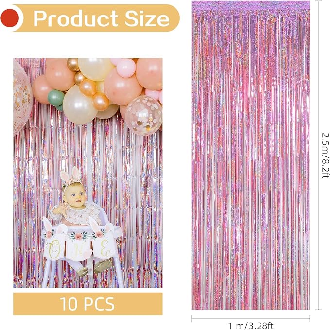 10 Pack Pink Backdrop Curtain 3.2ft x 8.2ft Metallic Tinsel Foil Fringe - Image 3