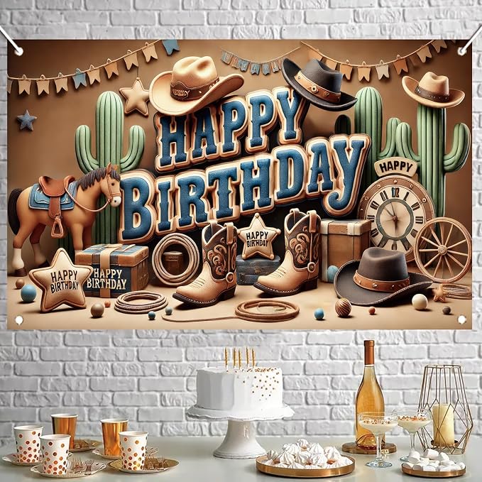 Western Cowboy Happy Birthday Banner Backdrop Rustic Wild West House Barn Photo - Image 6
