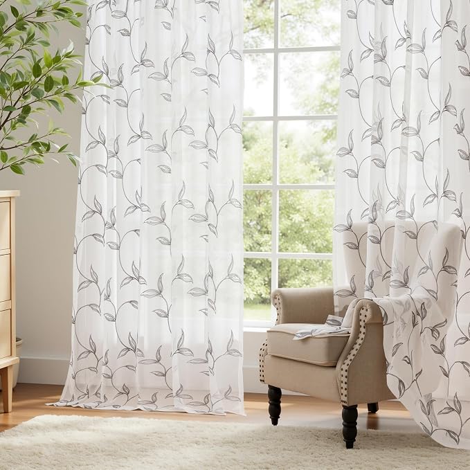Sheer Curtains Boho Leaf Floral Embroidered Grey 54Wx108L | Light Filtering - Image 6