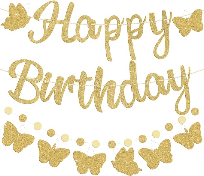 Pre-Strung Happy Birthday Banner, NO DIY Party Decorations | Glitter Gold by Danadia